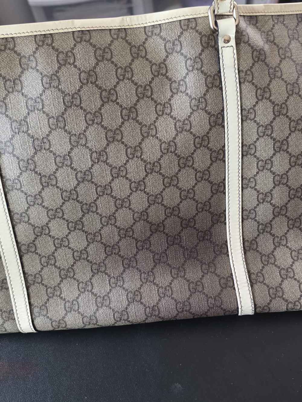Authentic Gucci Brown and Cream GG Monogram Canvas Pouch with Leather Trim - Picture 2 of 8